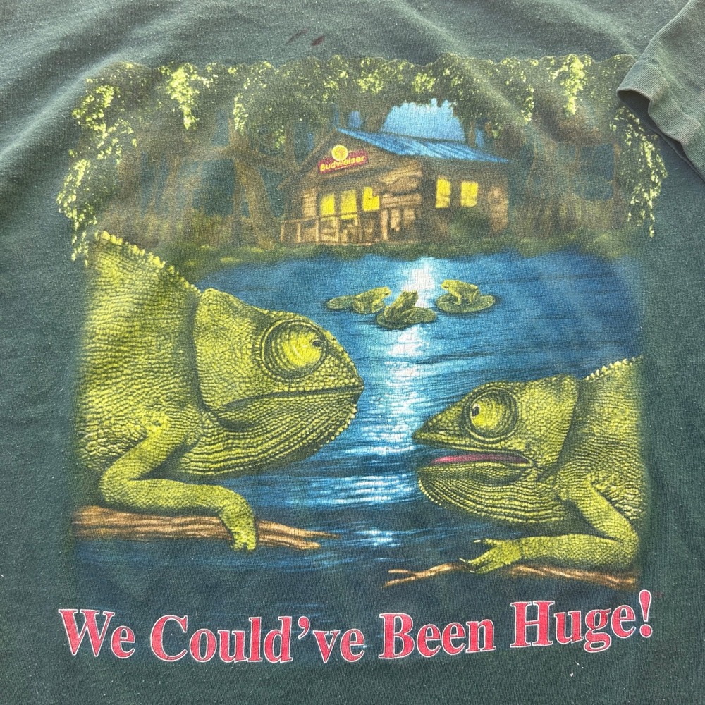 Vintage Budweiser Lizards Shirt XL Green 90s Anvil Single Stitch Distressed Rare - Picture 2 of 8